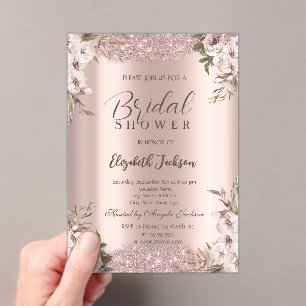 Invitations En Acrylique Boho Flowers Shiny Frame Rose Fête des mariées or
