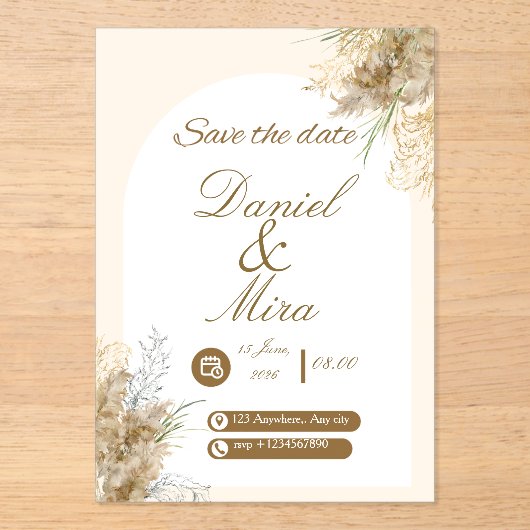 Invitations En Acrylique Boho Gold Pampas Arch Fully Editable Wedding  (Recto)