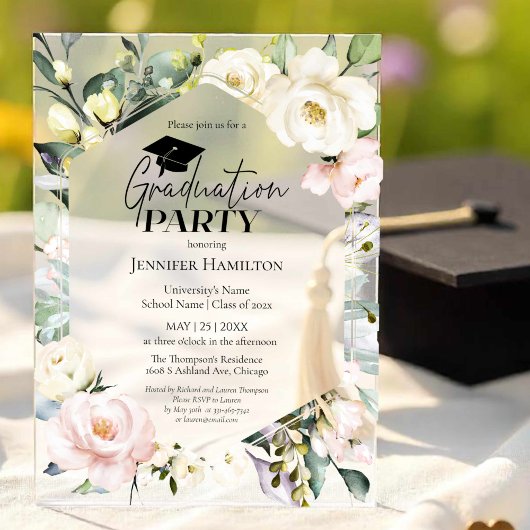 Invitations En Acrylique Boho Green Floral Frame Graduation Party