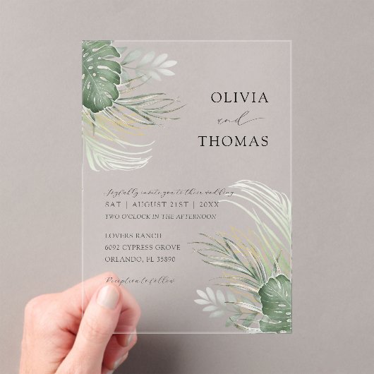 Invitations En Acrylique Boho Green Watercolor Monstera Wedding (In situ (ordinateur de poche))