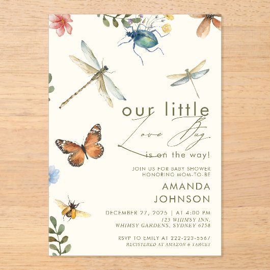 Invitations En Acrylique Boho Love Bug Insects Dragonfly baby shower (Recto)