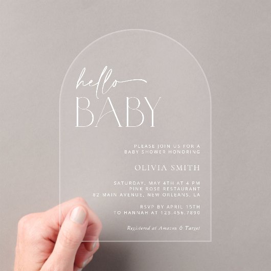 Invitations En Acrylique Boho minimal, Bonjour bébé, Baby shower moderne (In situ (ordinateur de poche))