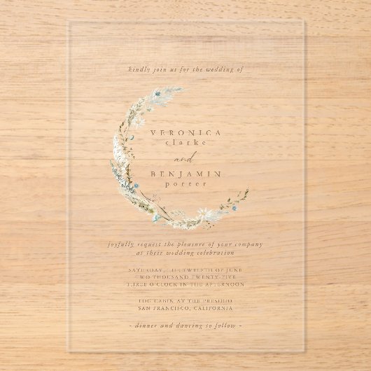 Invitations En Acrylique Boho Minimum Muted Blue & Dried Grass Wedding (Recto)