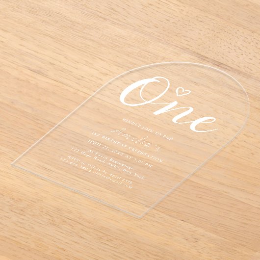 Invitations En Acrylique Boho moderne Coeur Blanc Script Premier anniversai (Poser)