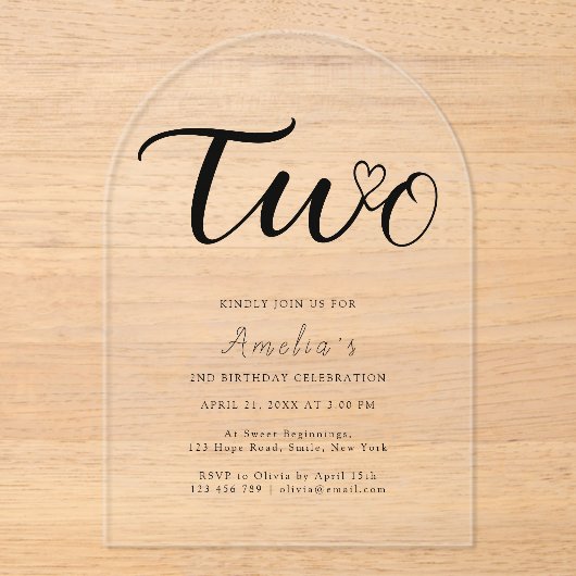 Invitations En Acrylique Boho Moderne Coeur Noir Script 2e anniversaire (Recto)
