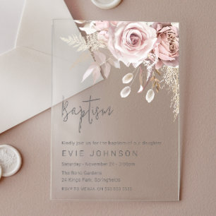 Invitations En Acrylique Boho moderne Dusty Rose & Blush Floral Baptisme