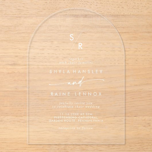 Invitations En Acrylique Boho Monogramme Moderne Unique Blanc Clair Mariage (Recto)