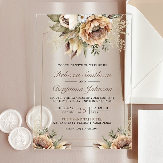 Invitations En Acrylique Boho Neutral Earthy Floral Taupe Wedding