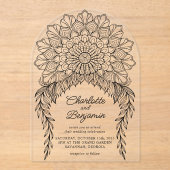 Invitations En Acrylique Boho noir Mandala Mariage de vigne feuillus (Recto)