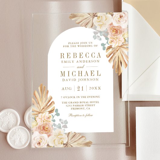 Invitations En Acrylique Boho Palm Dusty Earthy Floral Arch Wedding
