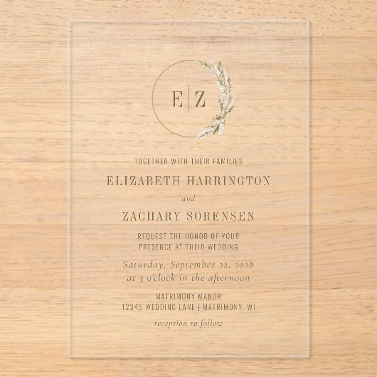 Invitations En Acrylique Boho Pampas Grass Monogramme Wreath Mariage beige (Recto)
