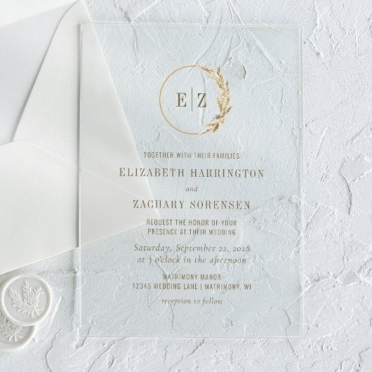 Invitations En Acrylique Boho Pampas Grass Monogramme Wreath Mariage beige
