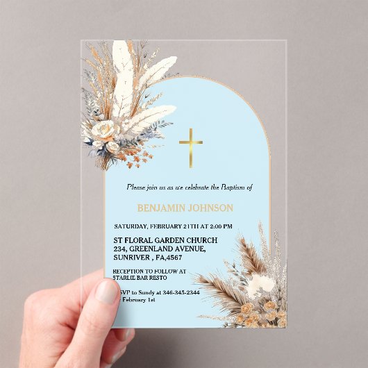 Invitations En Acrylique Boho Pampas Grass Rainbow Boy Baptême Christening (In situ (ordinateur de poche))