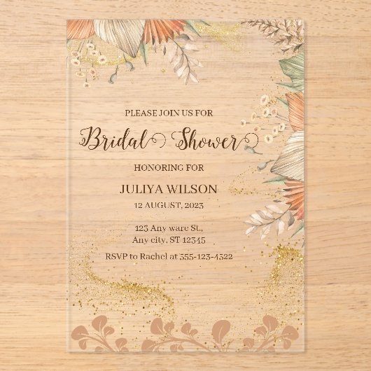 Invitations En Acrylique Boho pampas herbe douche nuptiale (Recto)