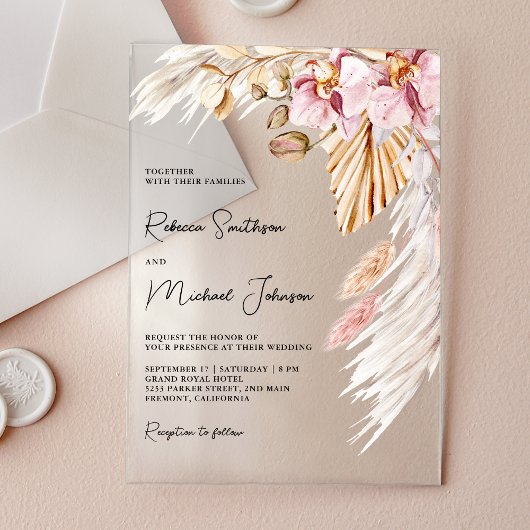 Invitations En Acrylique Boho Pampas Pink Orchid Floral Wedding