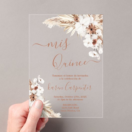 Invitations En Acrylique Boho Pampas Quinceanera acrylique (In situ (ordinateur de poche))