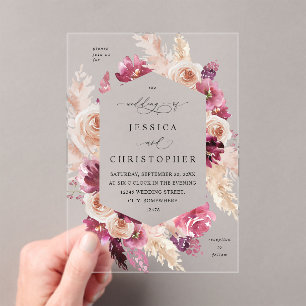 Invitations En Acrylique Boho Pampas rose Mariage de laiton