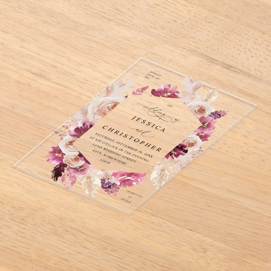 Invitations En Acrylique Boho Pampas rose Mariage de laiton (Poser)