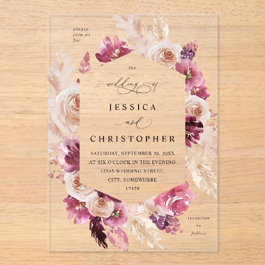 Invitations En Acrylique Boho Pampas rose Mariage de laiton (Recto)