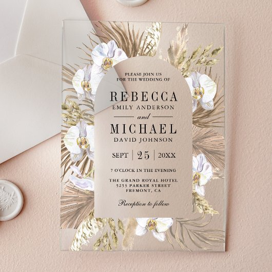 Invitations En Acrylique Boho Pampas White Orchid Dried Palm Wedding