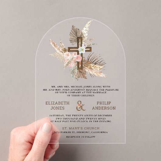 Invitations En Acrylique Boho Pampas Wood Cross Catholic Wedding (In situ (ordinateur de poche))