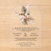 Invitations En Acrylique Boho Pampas Wood Cross Catholic Wedding (Recto)