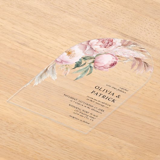 Invitations En Acrylique Boho Pink Peonies & Pampas Grass Mariage Floral (Poser)