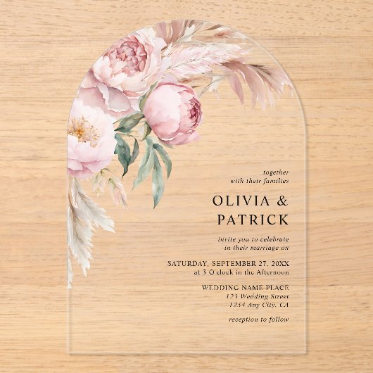 Invitations En Acrylique Boho Pink Peonies & Pampas Grass Mariage Floral (Recto)