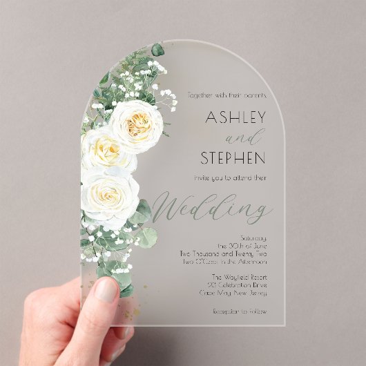 Invitations En Acrylique Boho Rose florale blanche | Eucalyptus Mariage (In situ (ordinateur de poche))