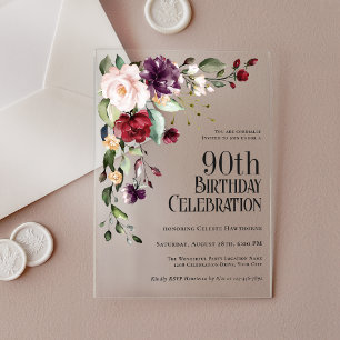 Invitations En Acrylique Boho Rouge Fard Rose et Violet 90e Anniversaire