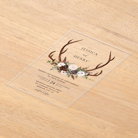 Invitations En Acrylique Boho Rustic Floral Antlers Mariage (Poser)