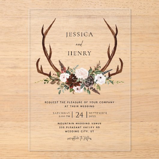 Invitations En Acrylique Boho Rustic Floral Antlers Mariage (Recto)