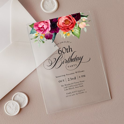 Invitations En Acrylique Boho Rustic Watercolor Floral 60e fête d'anniversa