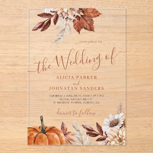 Invitations En Acrylique Boho rustique automne automne mariage botanique (Recto)
