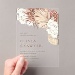 Invitations En Acrylique Boho séché Feuilles de palmiers et Mariage d'orchi<br><div class="desc">Levez votre papeterie mariage avec ce faire-part de mariage acrylique boho avec de l'aquarelle douce de l'herbe de pampas, des feuilles de palmiers et des orchidées blanches. Imprimé en acrylique clair, le design floral neutre donne une sensation moderne et élégante tout en maintenant une ambiance boho naturelle. Parfait pour les...</div>