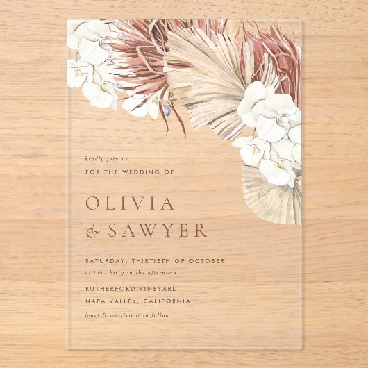 Invitations En Acrylique Boho séché Feuilles de palmiers et Mariage d'orchi (Recto)