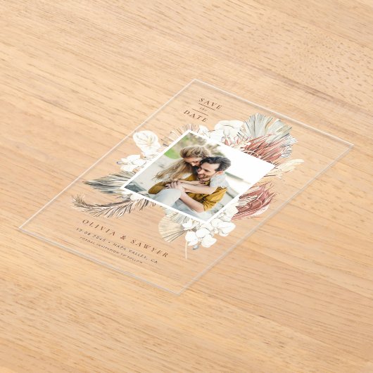 Invitations En Acrylique Boho séché palmier et orchidées Photo Enregistrer (Poser)