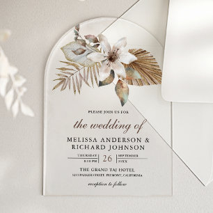 Invitations En Acrylique Boho Tropical Mariage Floral aux Palmes Séchées