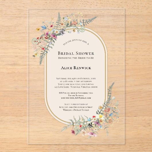 Invitations En Acrylique Boho Wildflower Fern Beige Bridal Shower (Recto)