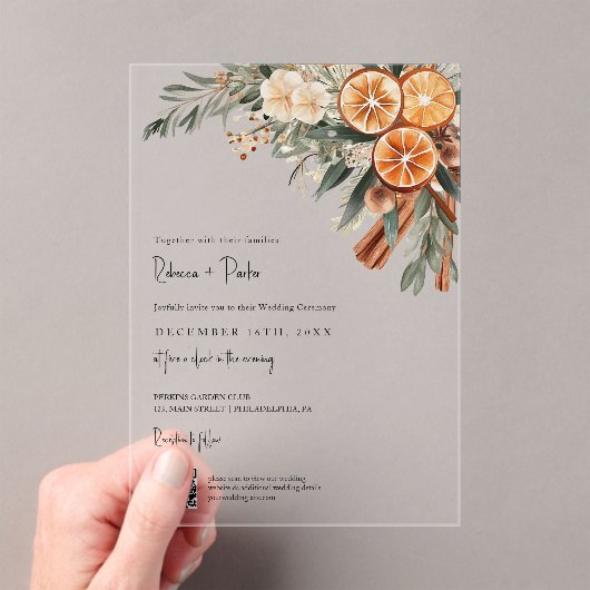 Invitations En Acrylique Boho Winter Wedding Qr code RSVP all in one (In situ (ordinateur de poche))