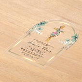 Invitations En Acrylique Bois Croix Arc Or Pampas Eucalyptus Baptême (Poser)