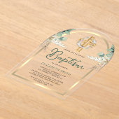 Invitations En Acrylique Bois Croix Pampas Eucalyptus Or Arc Baptême (Poser)