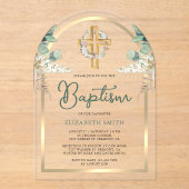 Invitations En Acrylique Bois Croix Pampas Eucalyptus Or Arc Baptême (Recto)
