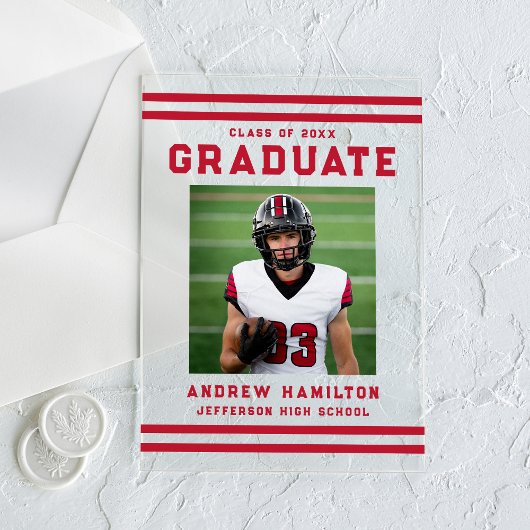 Invitations En Acrylique Bold Red Stripes Athletic Photo Graduation