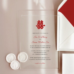 Invitations En Acrylique Bonheur Double Rouge calligraphie chinoise asiatiq