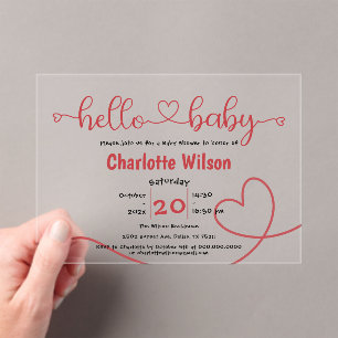Invitations En Acrylique Bonjour Bébé Cœur Rouge Minimal Fête de Naissance
