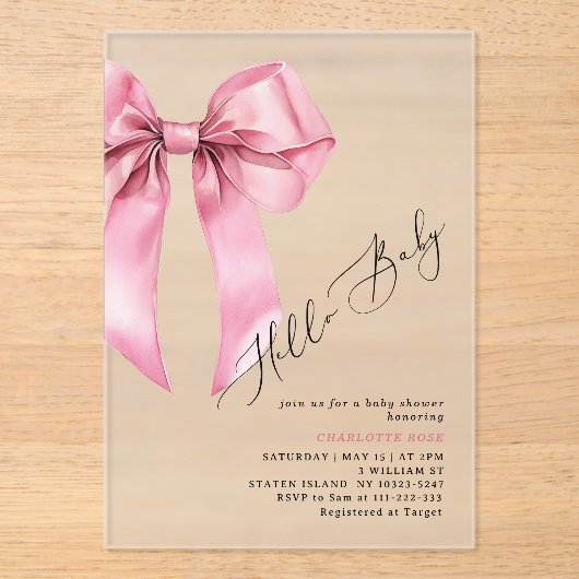 Invitations En Acrylique Bonjour bébé rose Bow fille Baby shower (Recto)