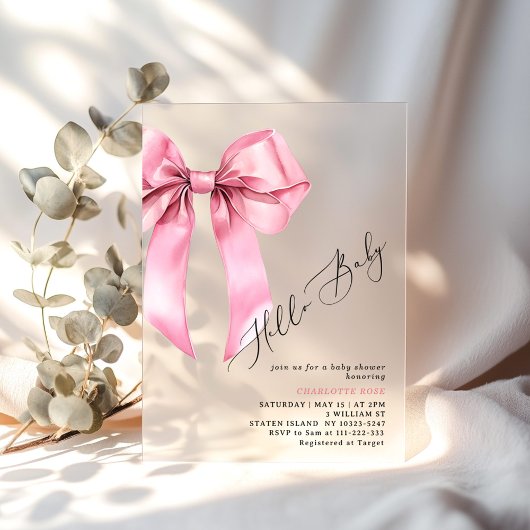 Invitations En Acrylique Bonjour bébé rose Bow fille Baby shower