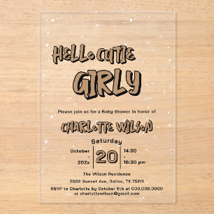 Invitations En Acrylique Bonjour Mignonne Fille Mignonne Baby Shower à Carr