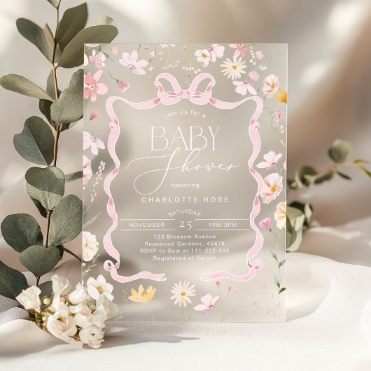 Invitations En Acrylique Bonnet rose Bow cadre Fleur sauvage Bébé fille Dou